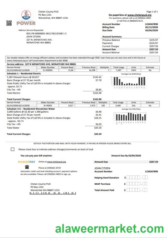 USA Washington Chelan County PUD utility bill template in Word and PDF format